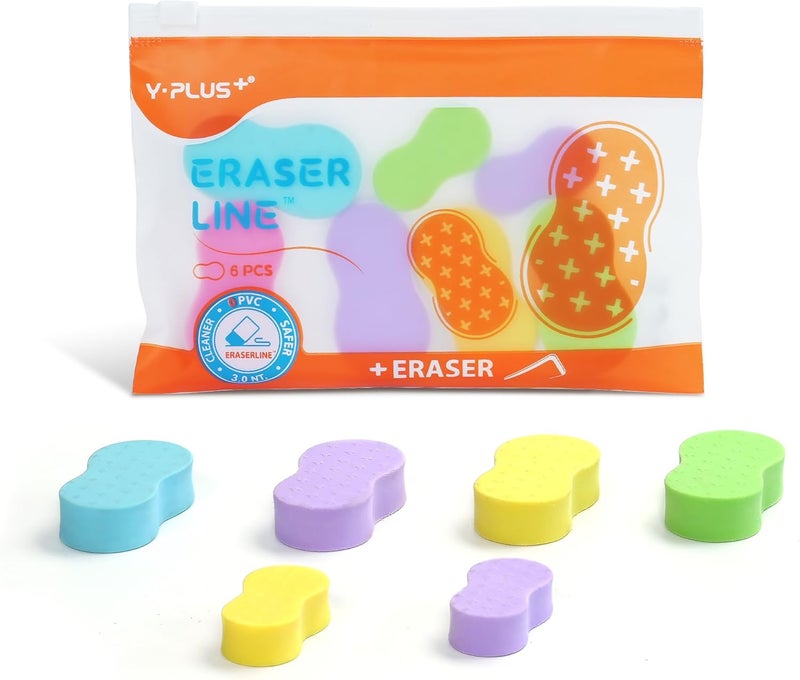 Y plus+ Eraser Line - Hipolymer Pencil Erasers for School Office, Cute White Rubber Eraser for Kids, Artist No Residues, 6 Pcs Multicolors - Image 1